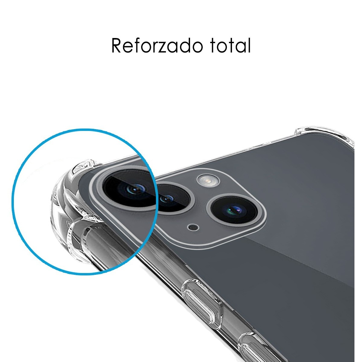 Primo piano di una custodia per telefono con design trasparente e rinforzato. Il telefono non è visibile.