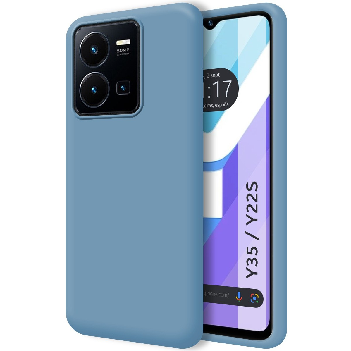 Custodia blu. Lo schermo mostra il nome del modello del telefono.