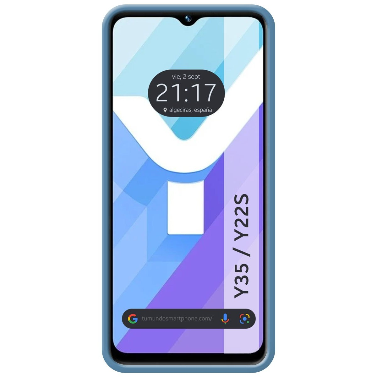 Un telefono blu con un design bianco e blu sullo schermo e l'ora visualizzata.