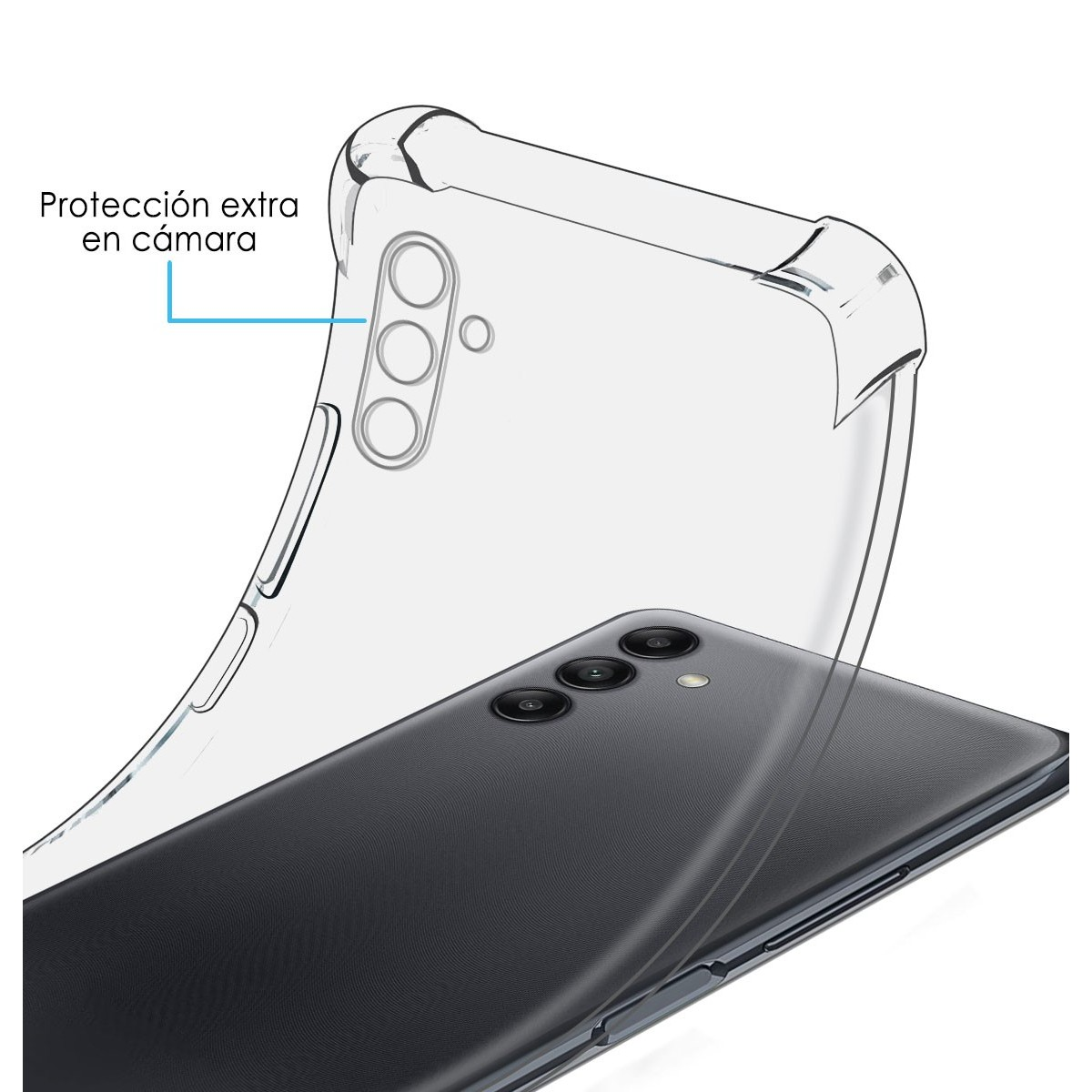 Custodia trasparente sul telefono nero. Il testo indica una protezione extra della fotocamera.