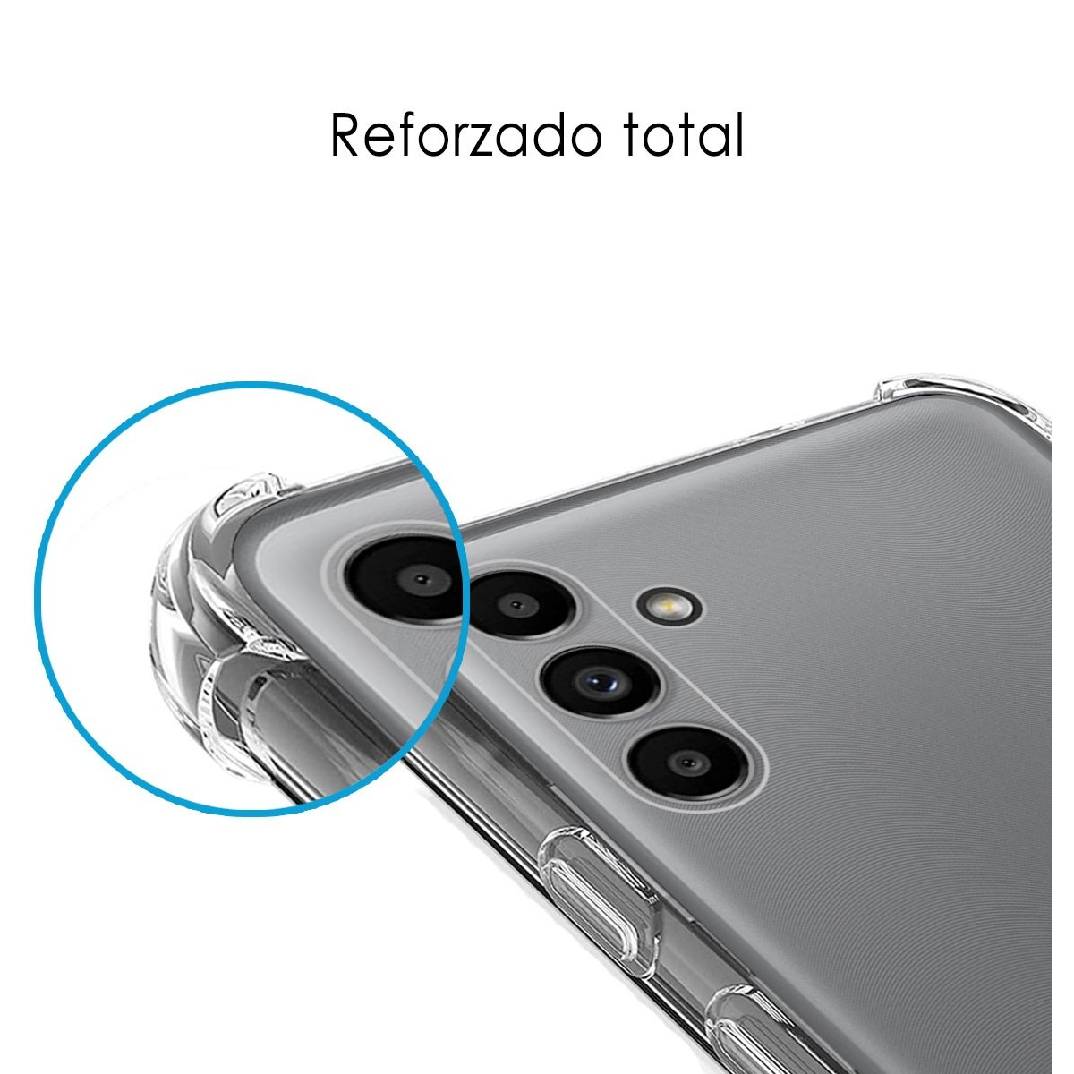 Primo piano di una custodia per telefono che mostra le lenti della fotocamera. Testo: Reforzado total.