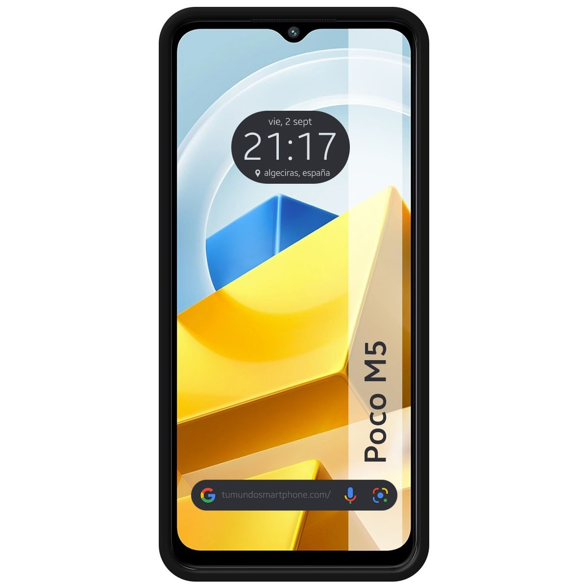 Telefono con custodia nera. Lo schermo mostra un design astratto blu e giallo con ora e posizione.