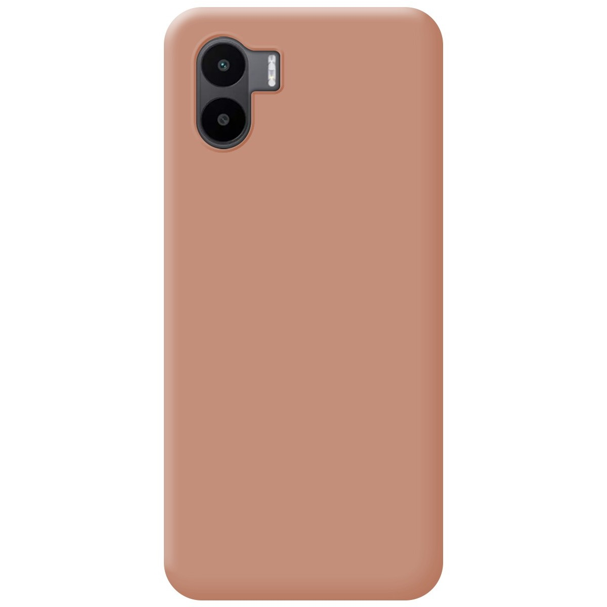 Custodia per telefono tinta unita color pesca. Il telefono ha un modulo fotocamera nero.