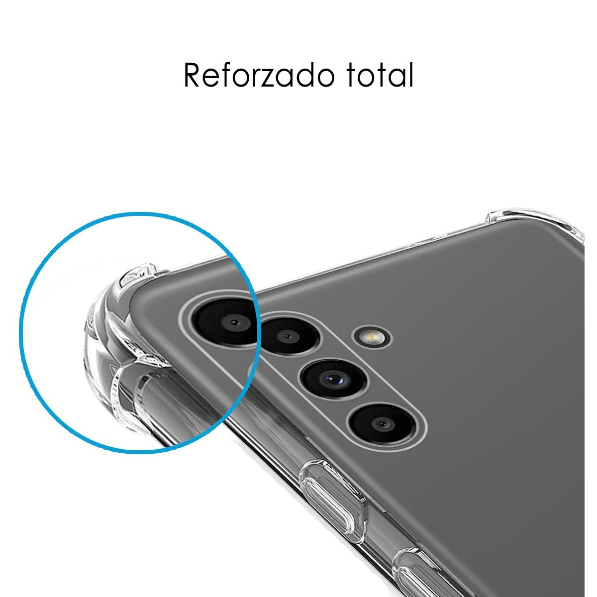 Custodia trasparente con fotocamera. Testo 'Reforzado total' sopra.