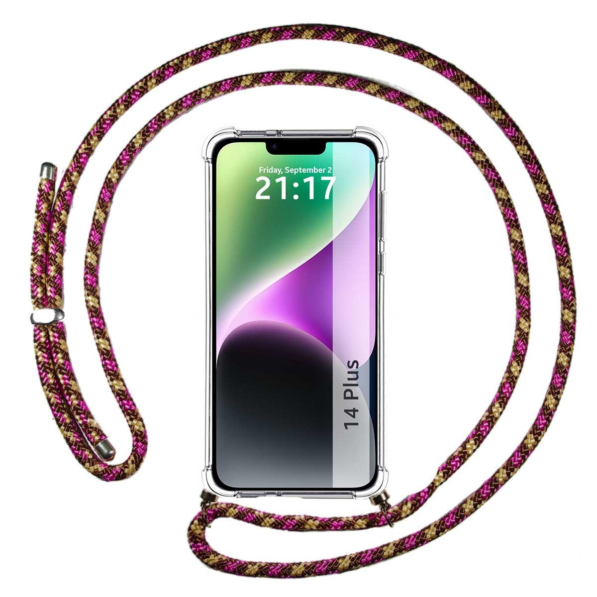 Telefono con schermo viola e rosa, attaccato a un cordino fantasia.