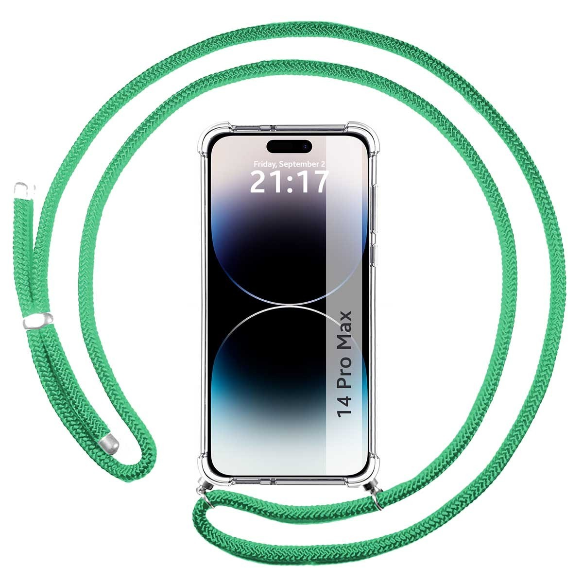 Custodia per telefono con cordino verde. Telefono con schermo che mostra ora e data. Cordino verde attaccato al telefono.
