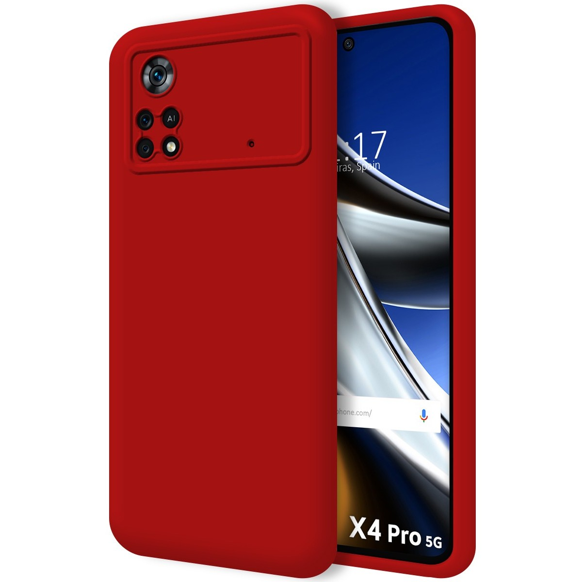 Custodia rossa per telefono, lo schermo mostra ora e data. X4 Pro 5G è sullo schermo.