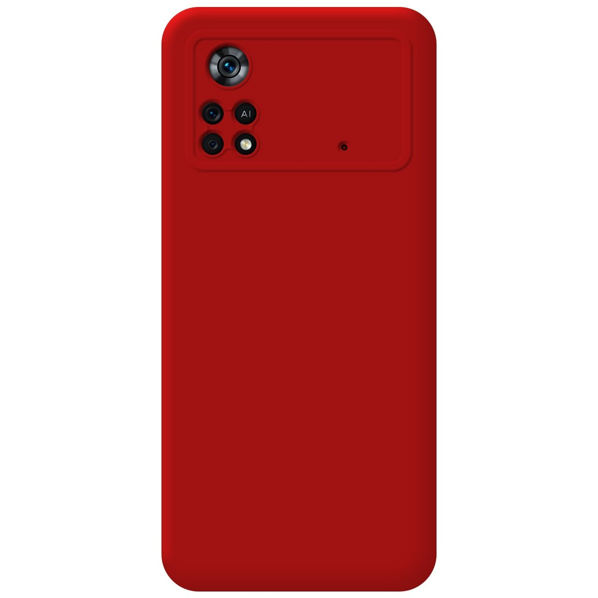 Una custodia per telefono rosso brillante con l'area della fotocamera e del flash visibile nella parte superiore.