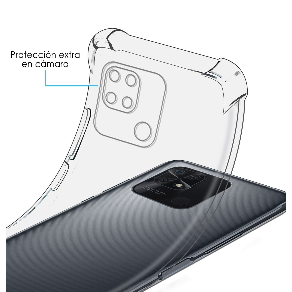 Custodia trasparente su telefono nero. Testo: protezione extra fotocamera.