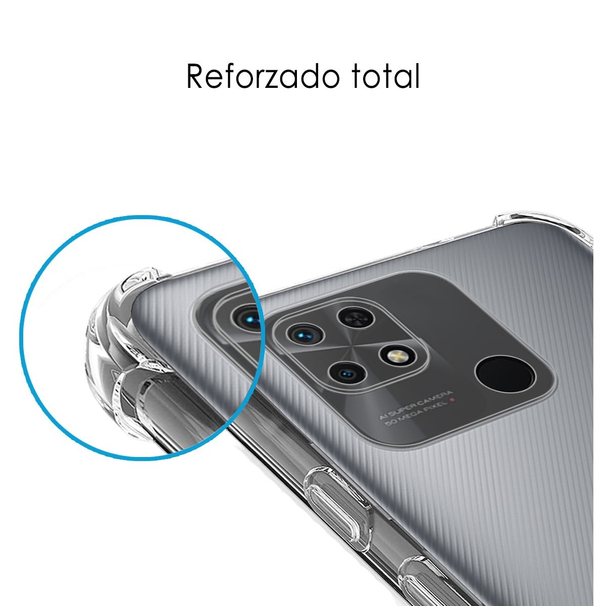 Primo piano della custodia del telefono, una custodia trasparente che mostra la fotocamera del telefono.