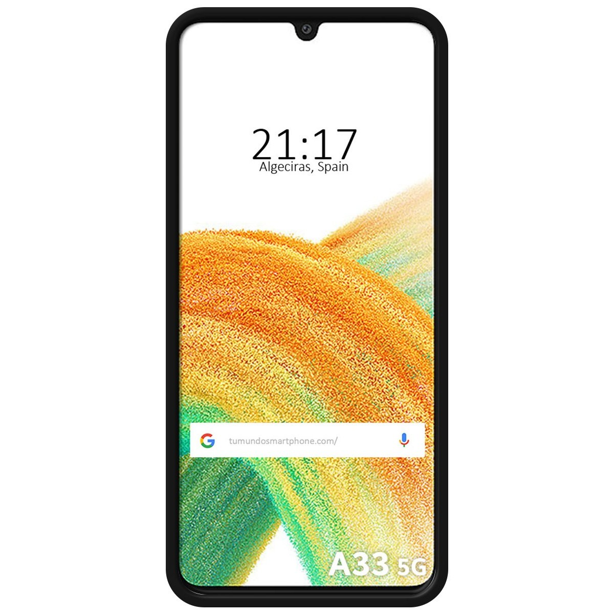 Telefono nero con orario e modello A33 5G.