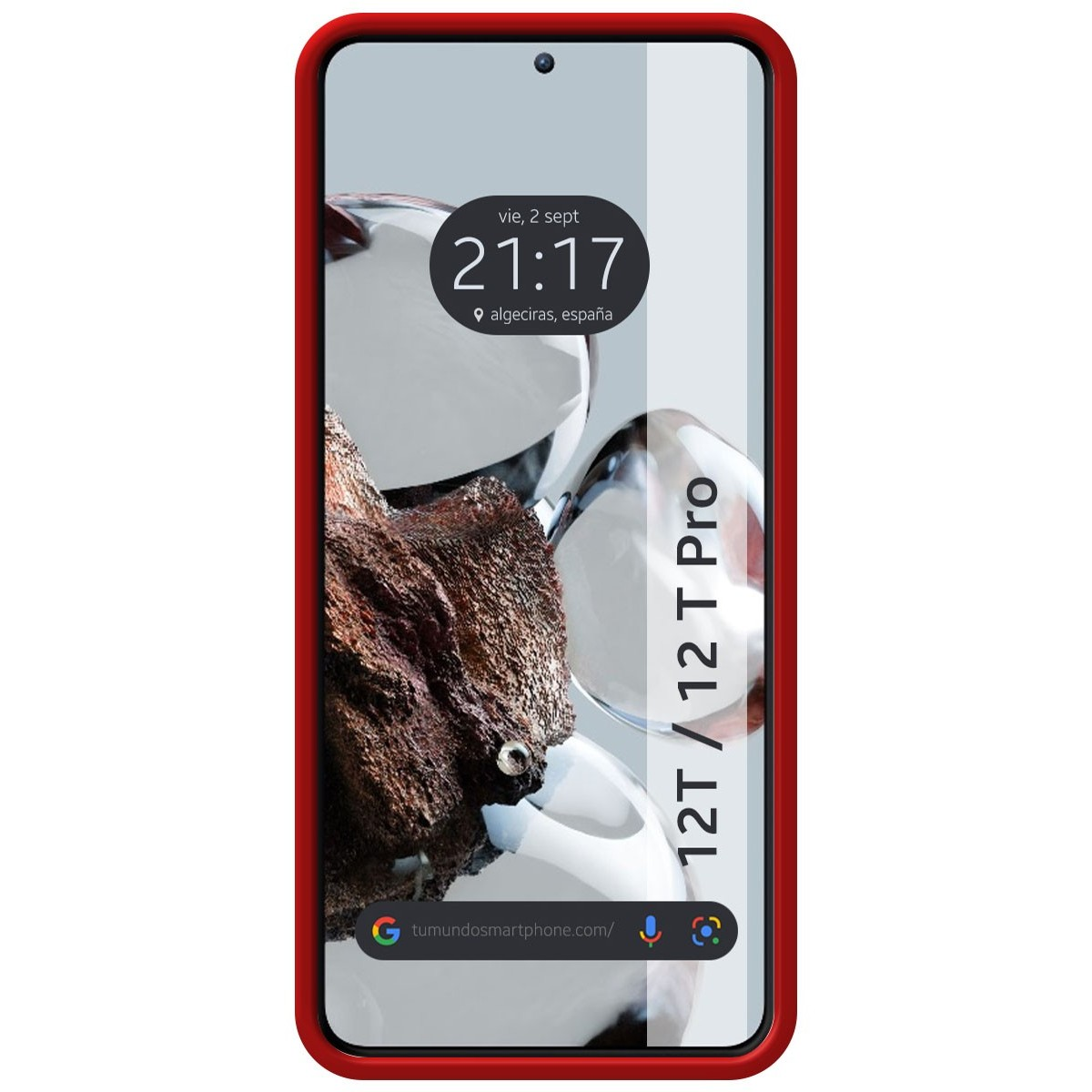Telefono: Bordo rosso, schermo con riflesso astratto e visualizzazione dell'ora.