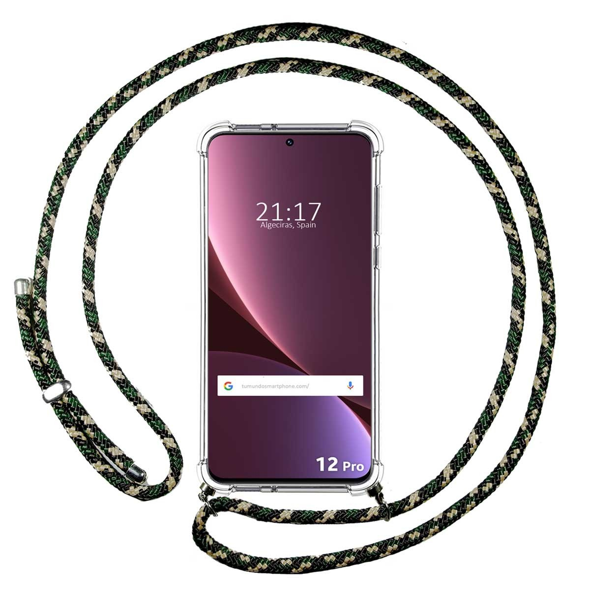 Custodia per telefono con un cordino intrecciato nero e verde.