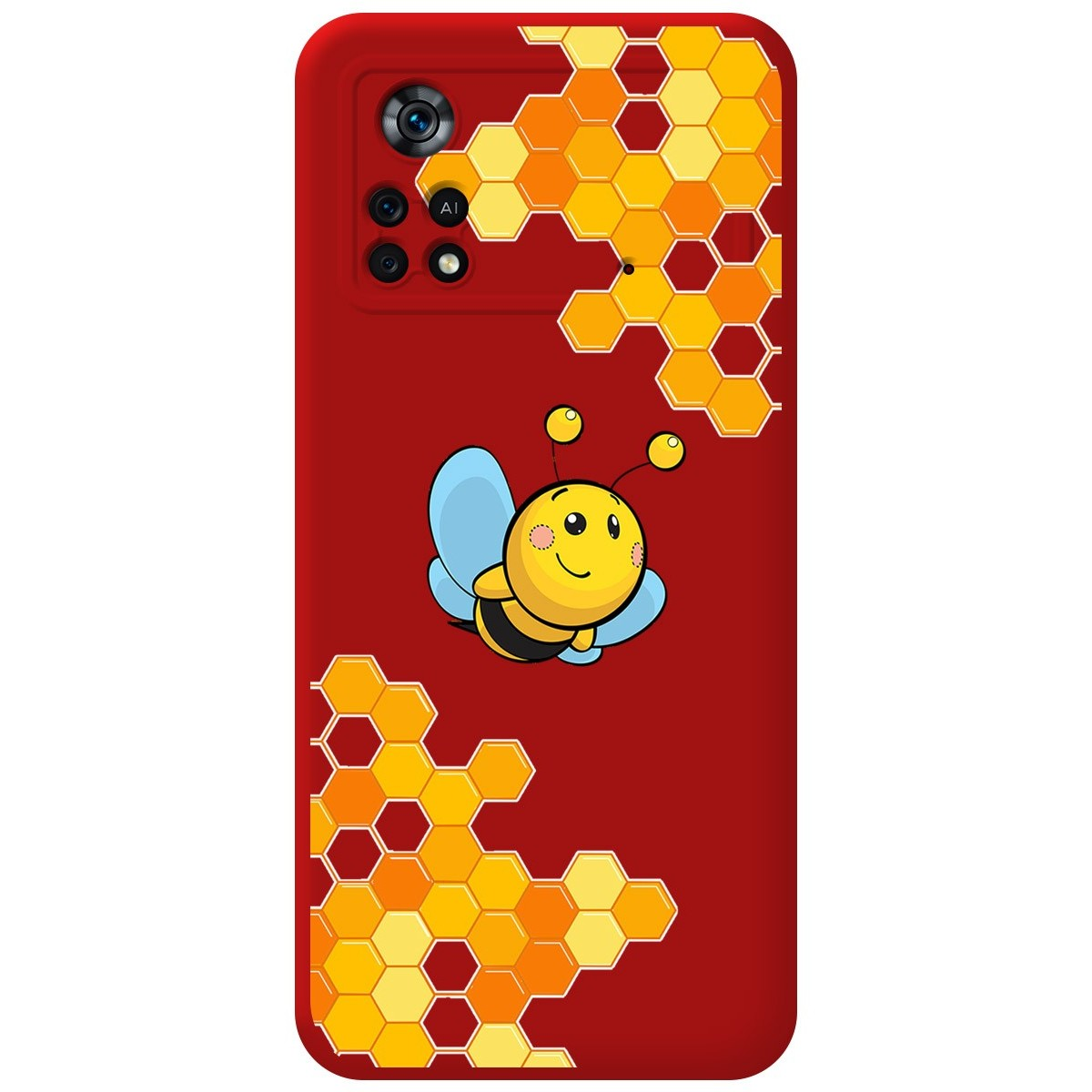 Funda de teléfono con abeja y patrón de panal sobre fondo rojo.