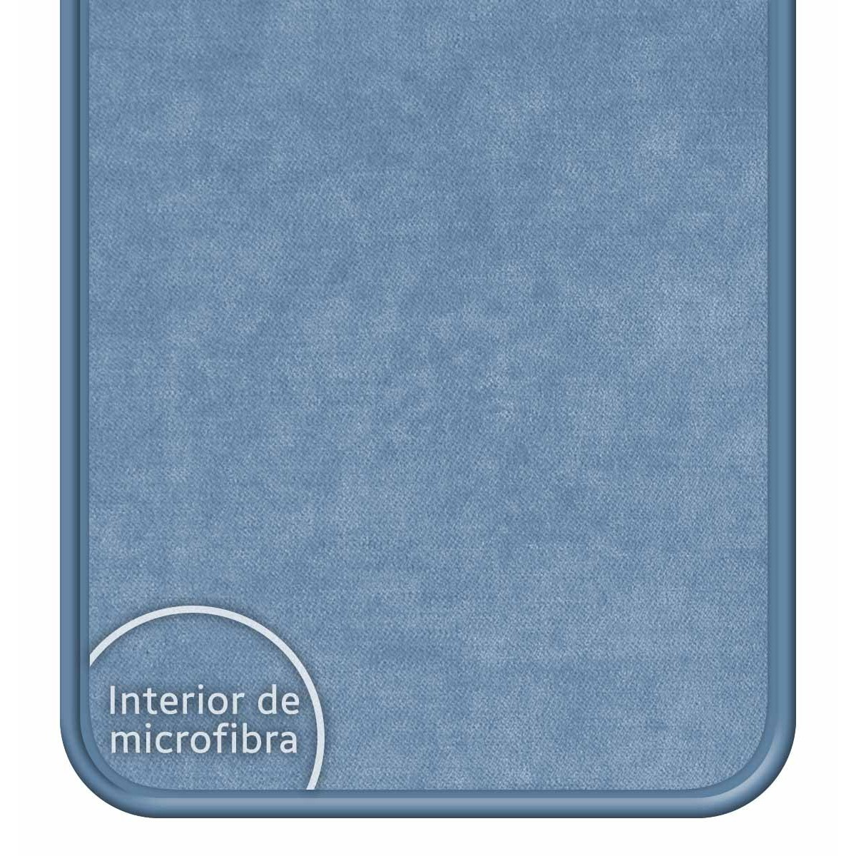 Primer plano de una funda de teléfono de microfibra azul con borde redondeado.