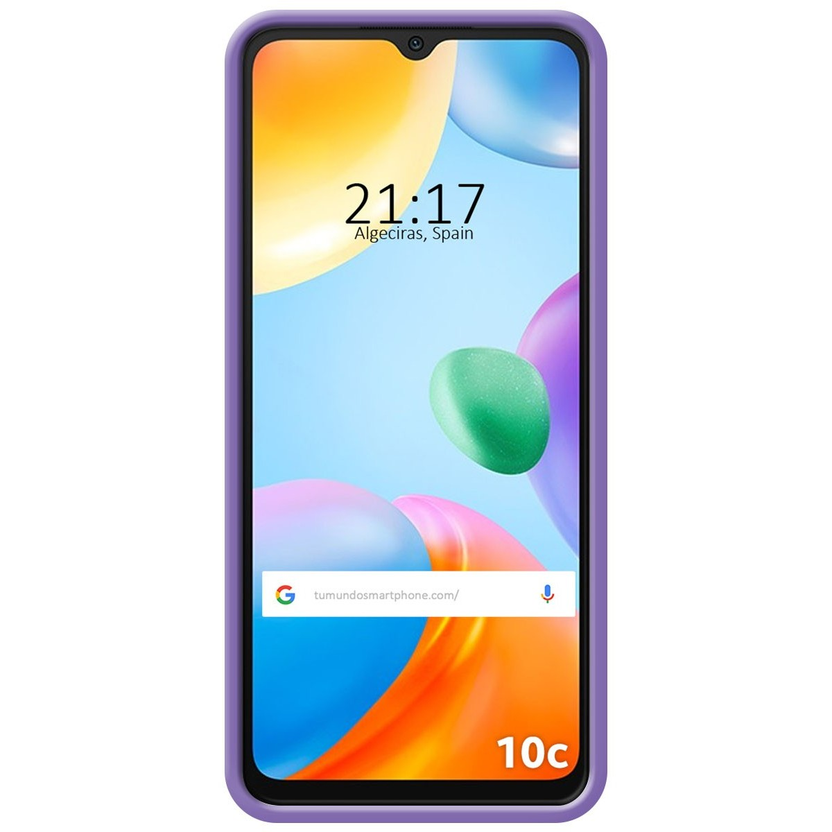 Una custodia viola con un telefono che mostra l'ora, Algeciras, Spagna, e una barra di ricerca.