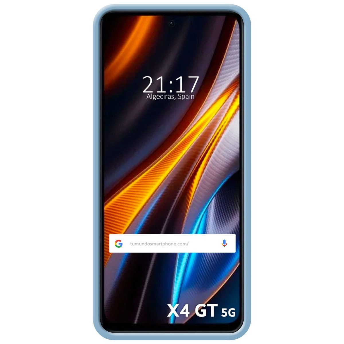 Una custodia per telefono blu. Lo schermo del telefono mostra un design astratto scuro con l'ora e la data.