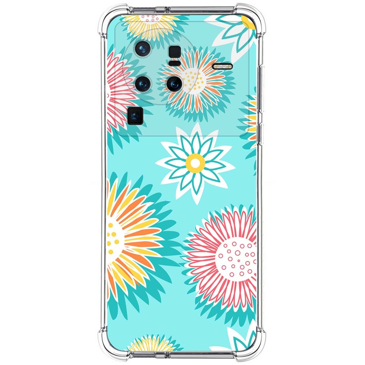 Funda celeste con patrón floral. El teléfono no es visible.