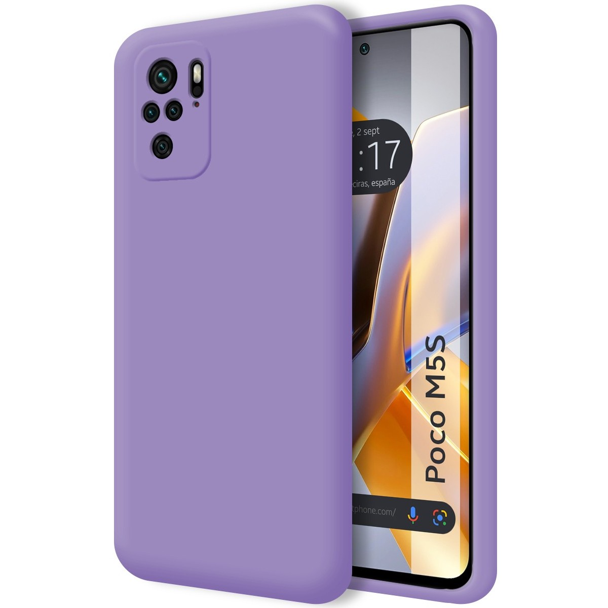 Custodia per telefono viola unita con un telefono che mostra l'ora e la città. Custodia a sinistra, schermo a destra.