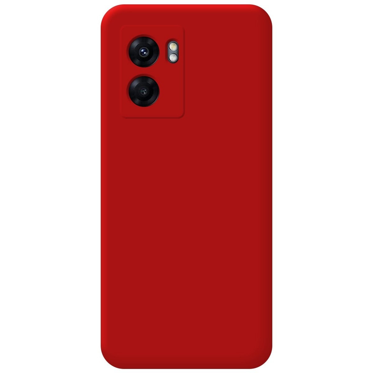 Una custodia per telefono rossa. Il telefono ha due fotocamere. Lo schermo del telefono è vuoto.