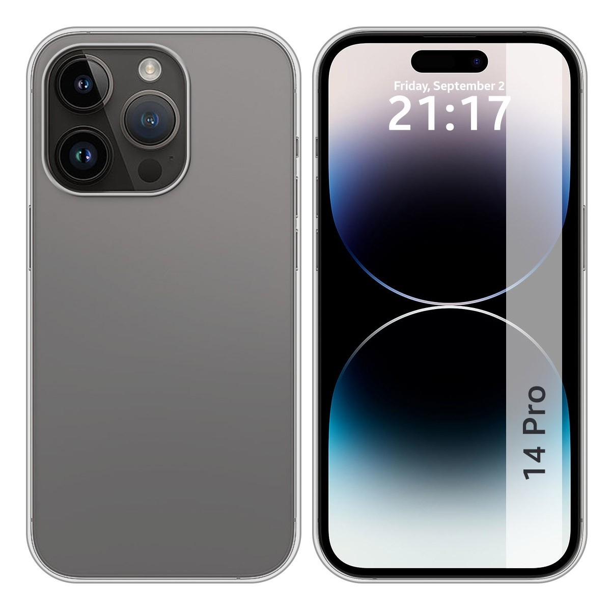 Custodia per telefono con retro grigio e un telefono che mostra l'ora e la data, e la parola 14 Pro.