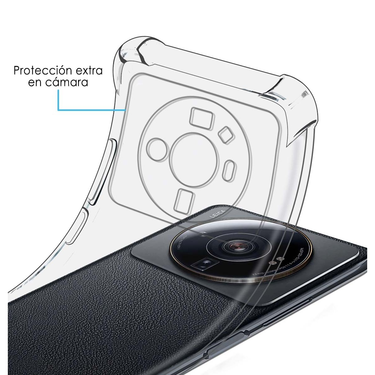 Una custodia per telefono che mostra una fotocamera con il testo 'Protección extra en cámara'.