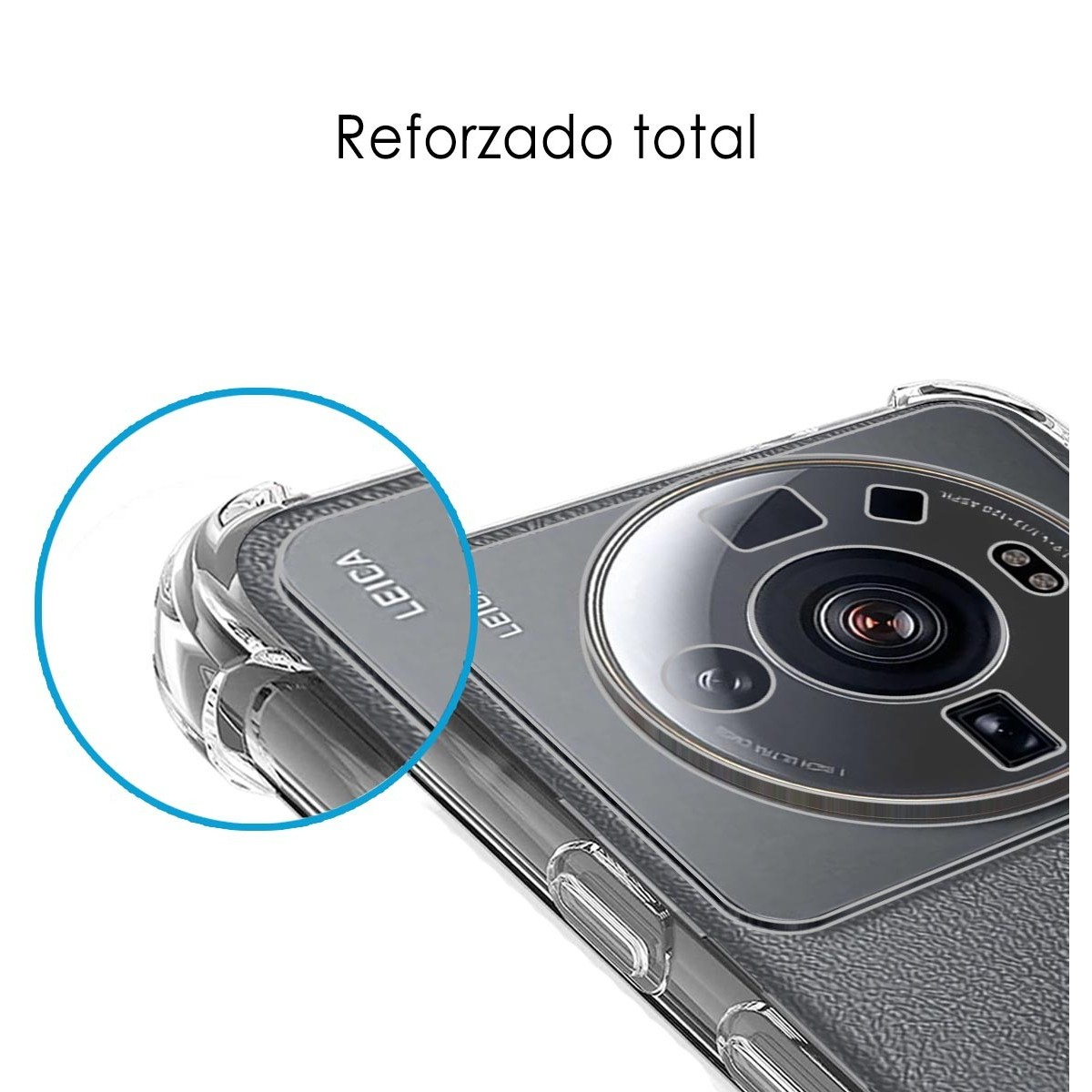 Primo piano di una custodia per telefono con una custodia trasparente e un grande obiettivo della fotocamera.