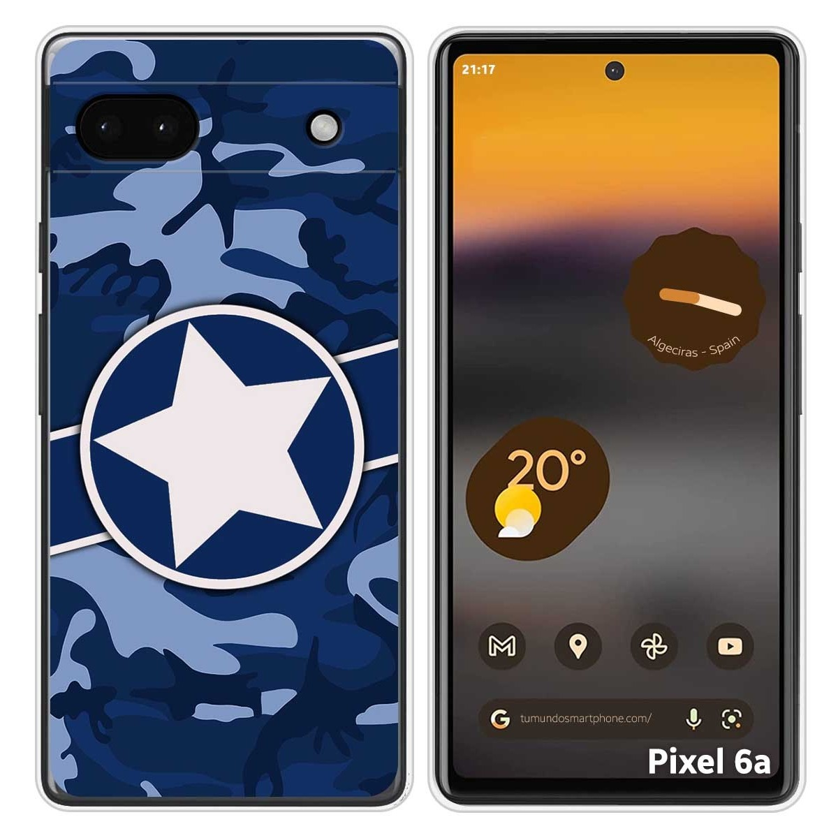 Una funda de teléfono con patrón de camuflaje y un teléfono mostrando hora, clima y modelo.