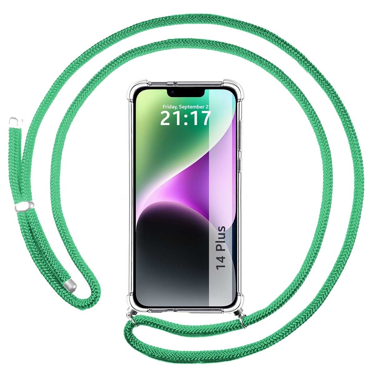 Telefono con cinturino verde. Lo schermo del telefono mostra sito web e ora.