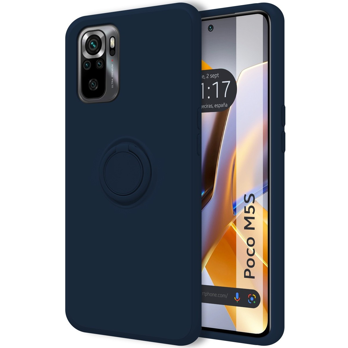 Custodia blu navy con supporto ad anello. Schermo mostra Poco M5s con menu.