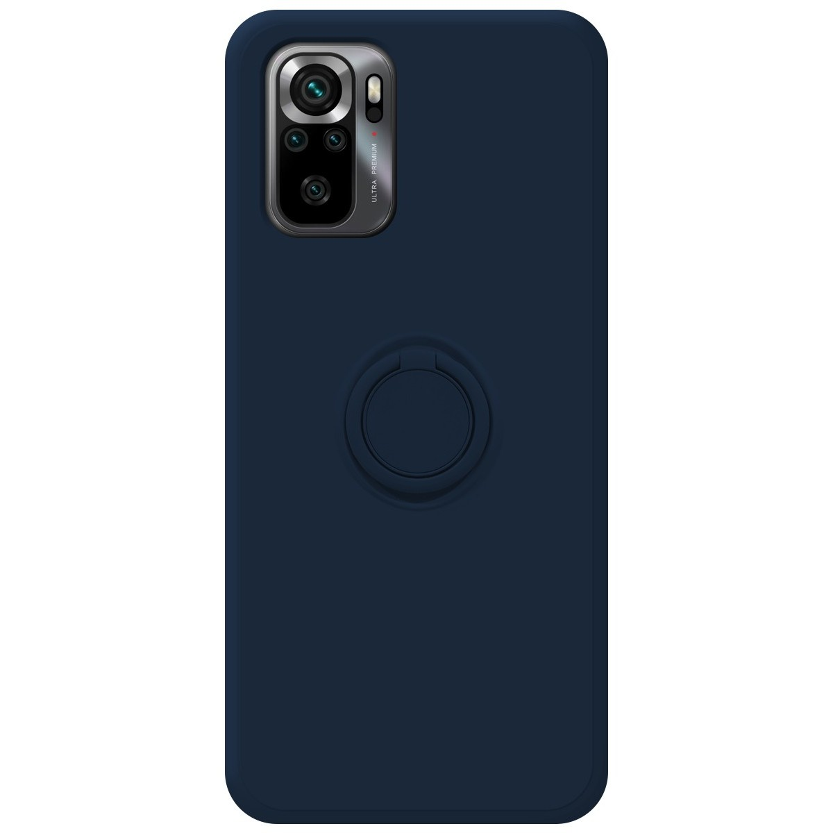 Custodia blu scuro con supporto ad anello e configurazione fotocamera. Design semplice ed elegante.