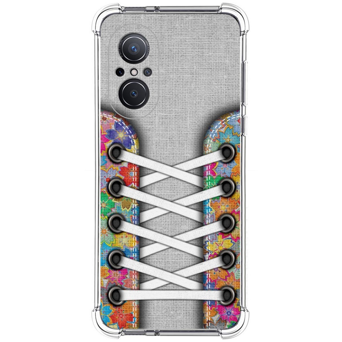 Funda de teléfono con textura de tela gris. Cordones coloridos y patrones florales.