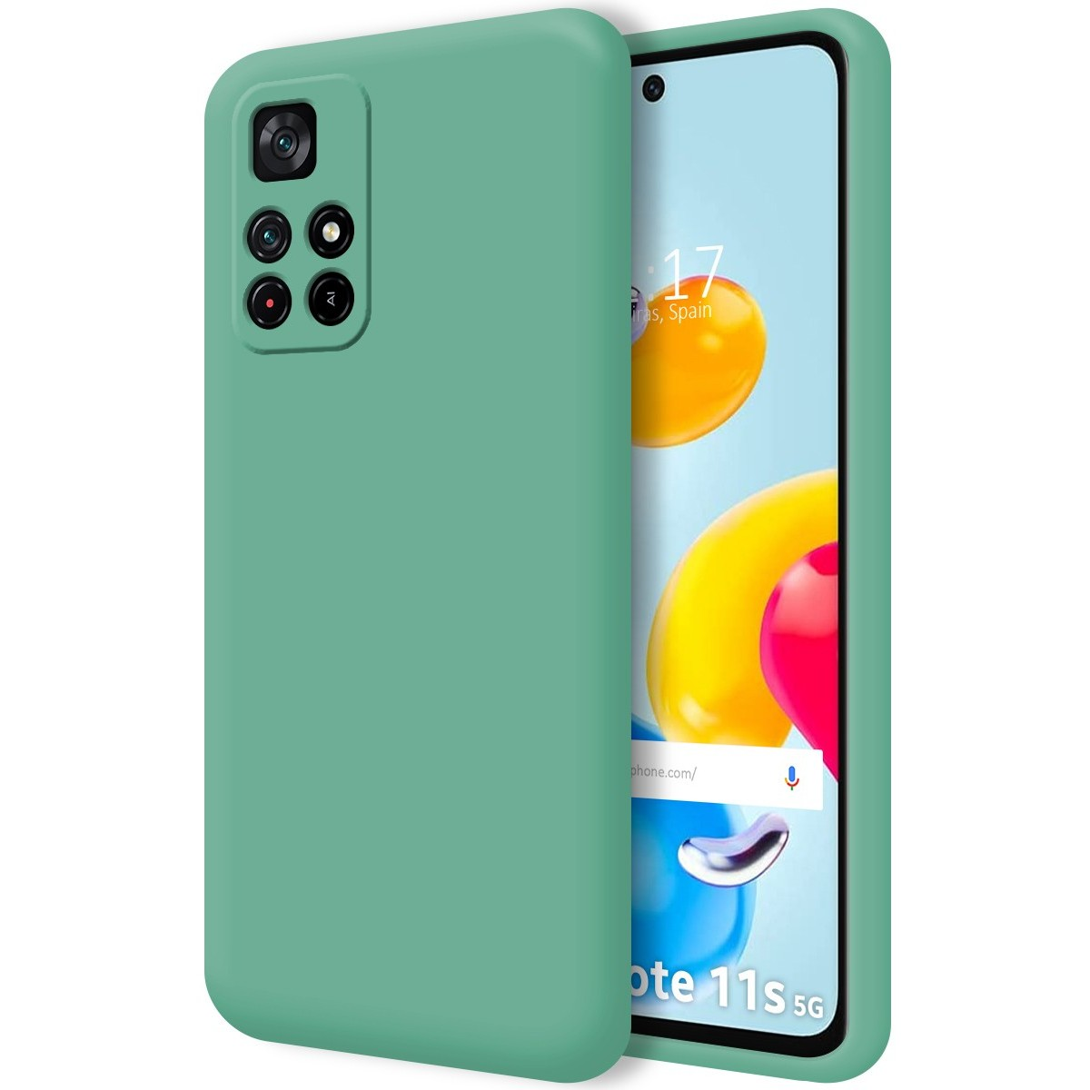 Custodia per telefono verde con un telefono dentro. Lo schermo del telefono mostra l'ora e il luogo.