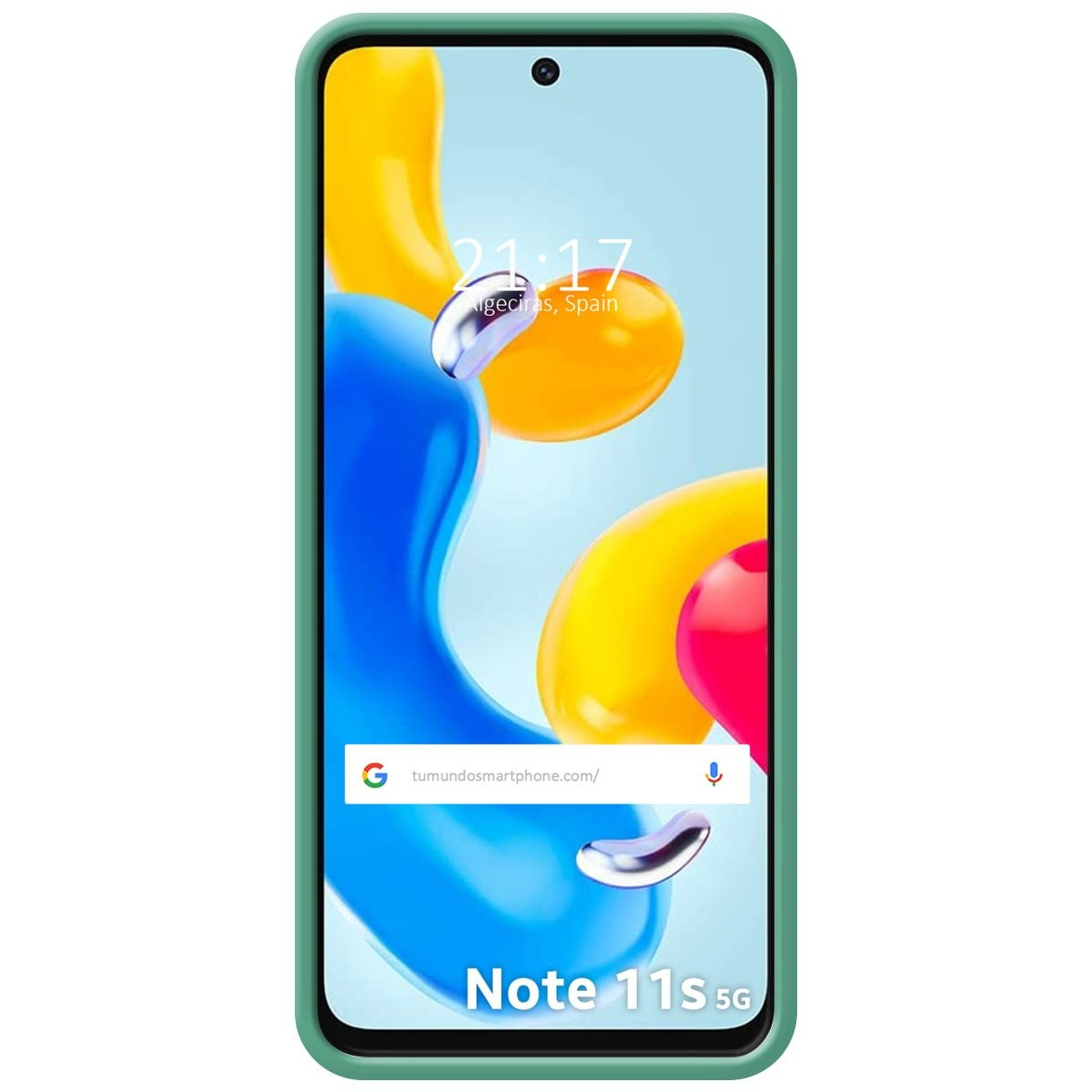 Schermo con sfere fluttuanti. Telefono in custodia verde.