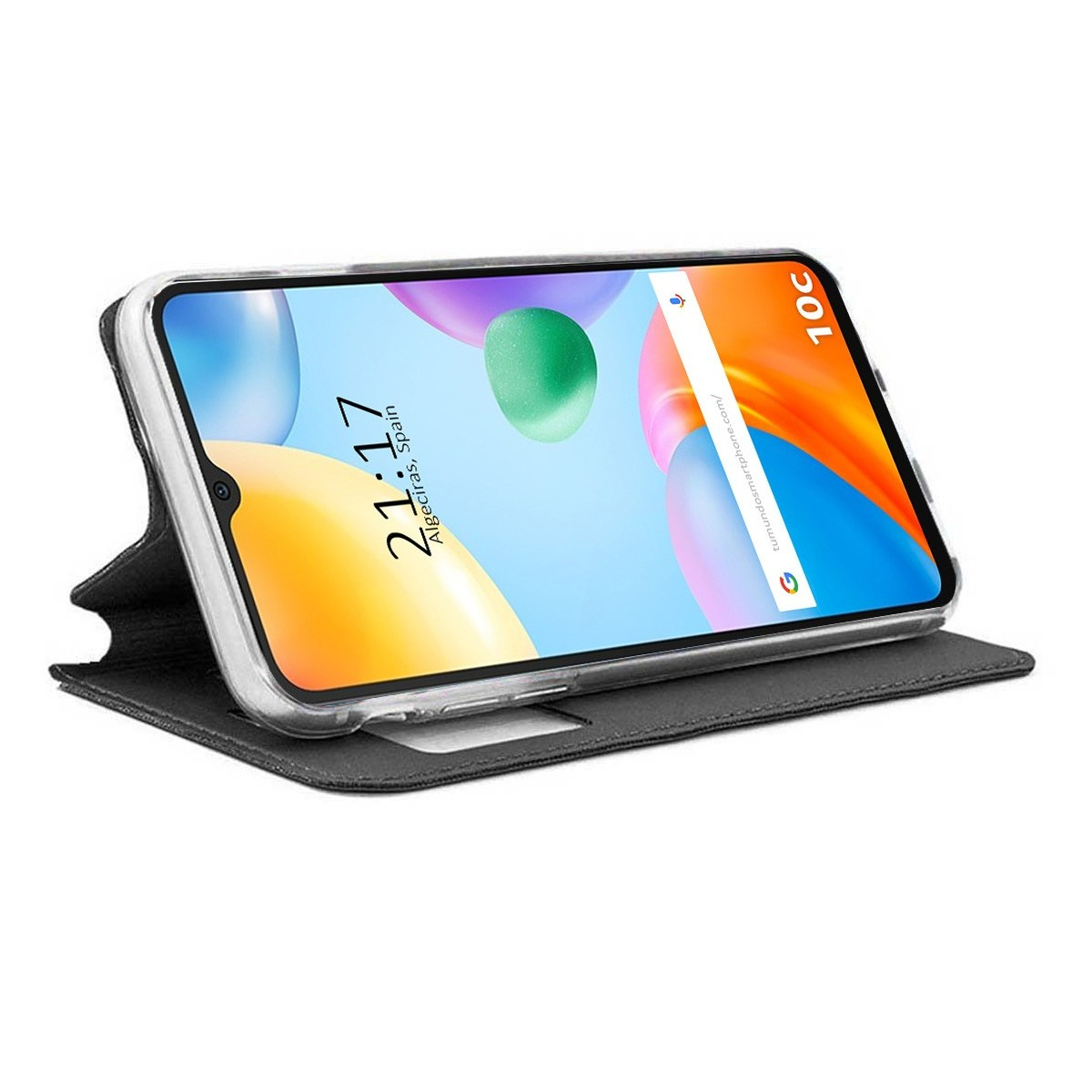 Una custodia per telefono con supporto. Lo schermo del telefono mostra l'ora e la data con un design colorato.