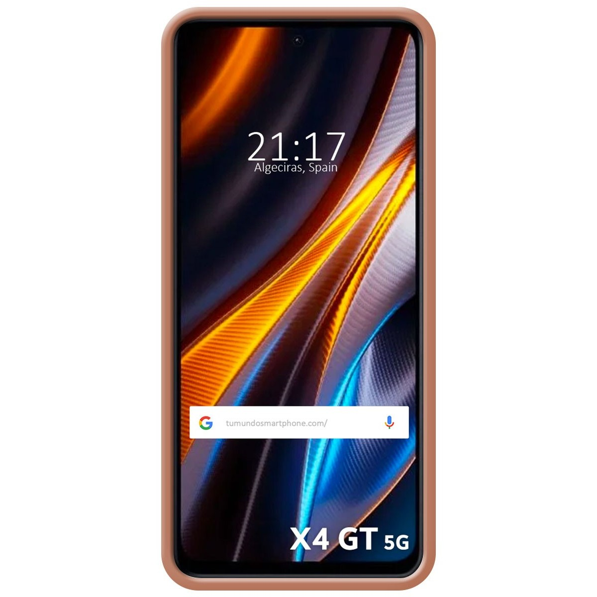 Smartphone con schermo che mostra l'ora, la posizione e una barra di ricerca.