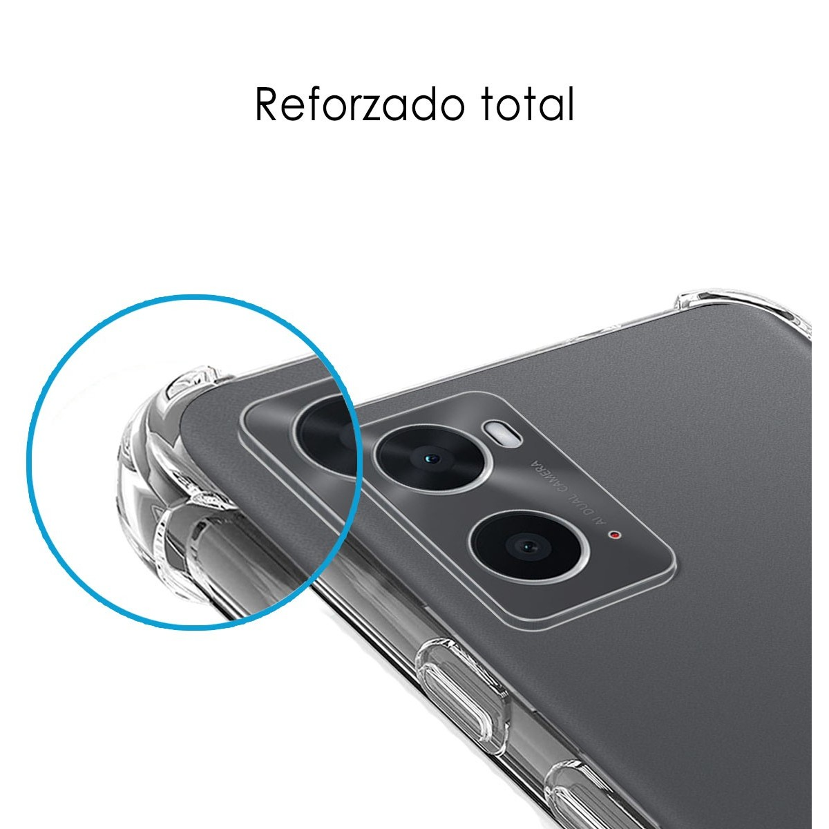 Primer plano de una funda de teléfono transparente. La funda tiene bordes reforzados y un cuerpo transparente.
