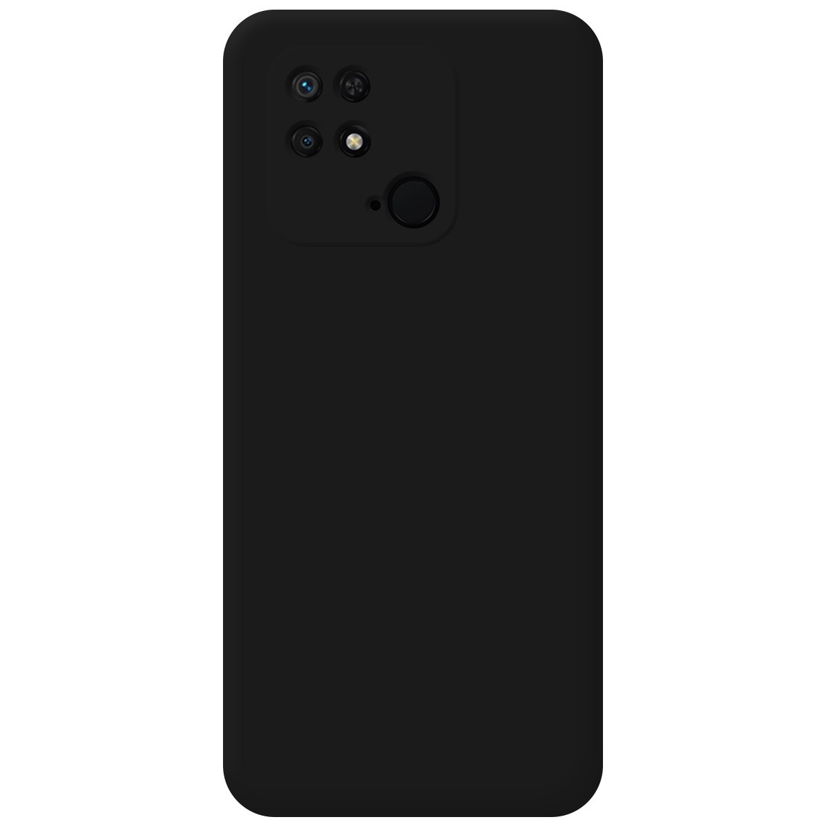 Telefono nero, vista posteriore. Obiettivi della fotocamera e flash sono visibili. Lo sfondo è bianco.