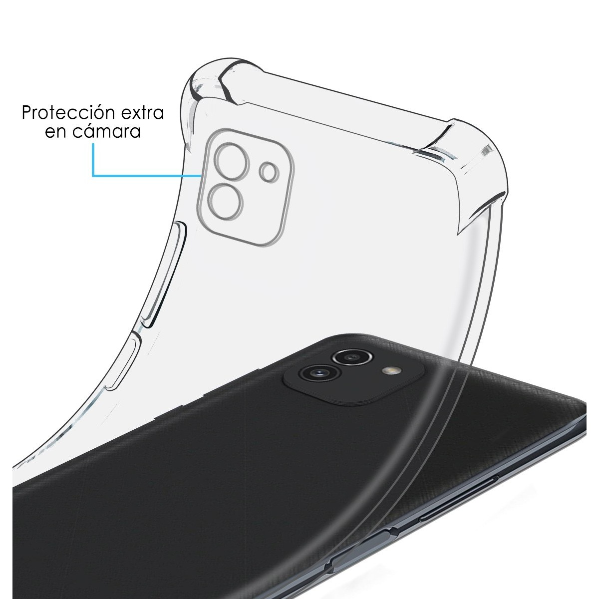 Primo piano di una custodia per telefono con il telefono all'interno. La custodia è trasparente e il telefono è nero.