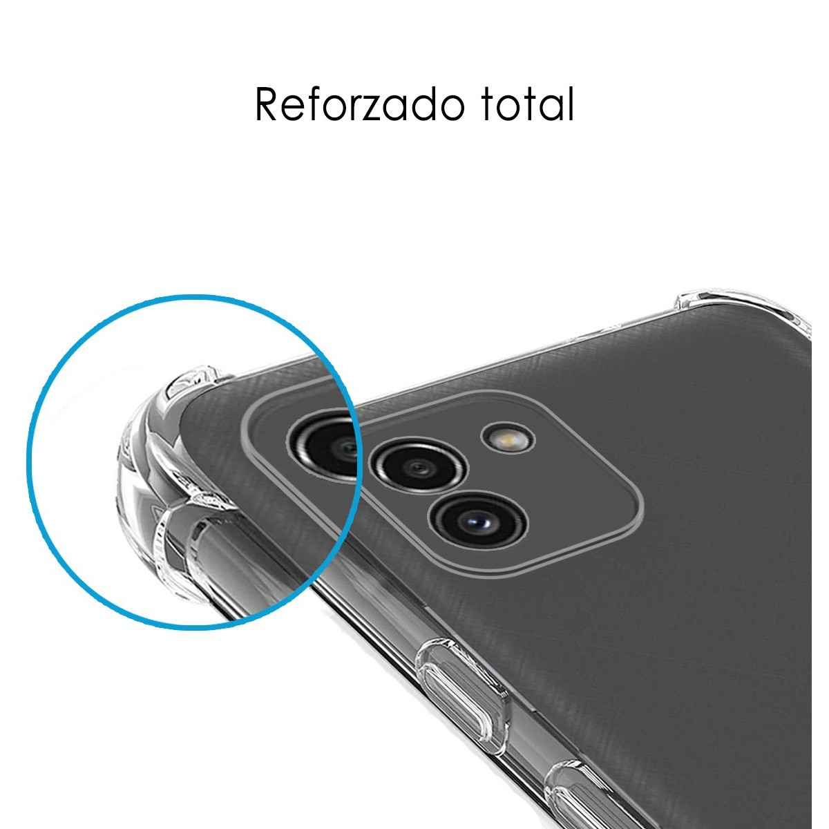 Custodia trasparente per telefono, primo piano. Focus sul rilievo della fotocamera e sul bordo della custodia. Testo: 'Reforzado total'.