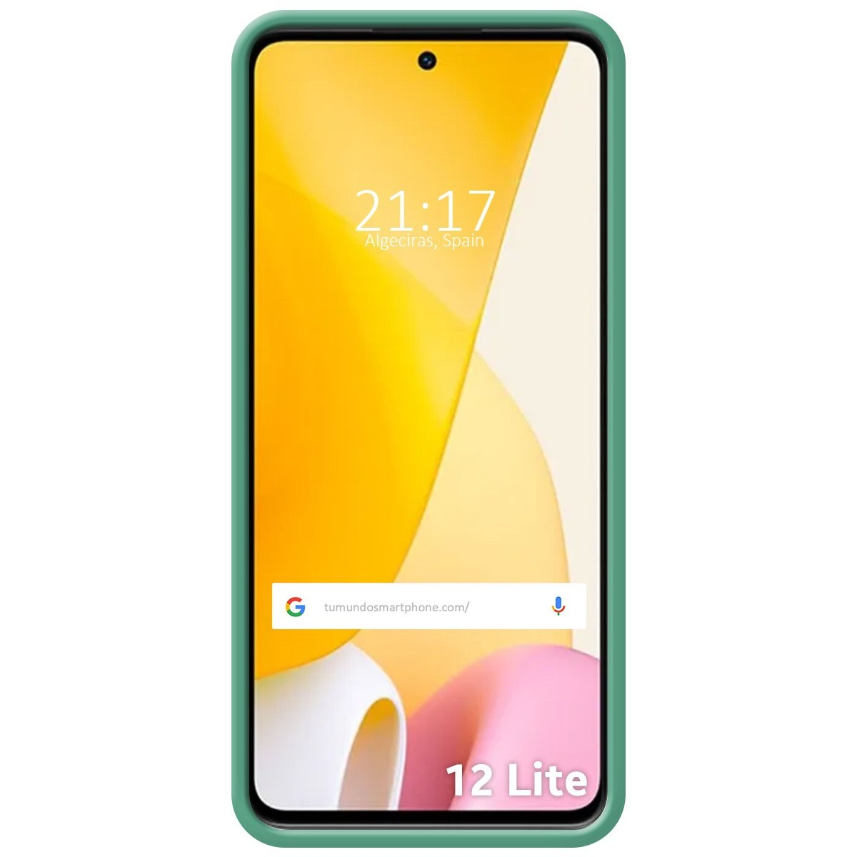 Lo schermo del telefono mostra ora e posizione. La custodia del telefono è verde con un bordo verde.