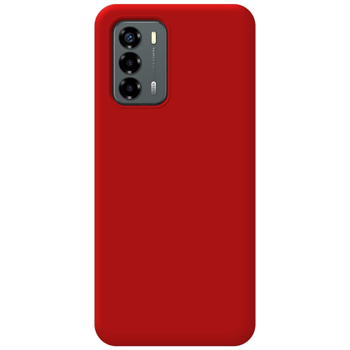 Una custodia per telefono rossa. Il retro ha una fotocamera.