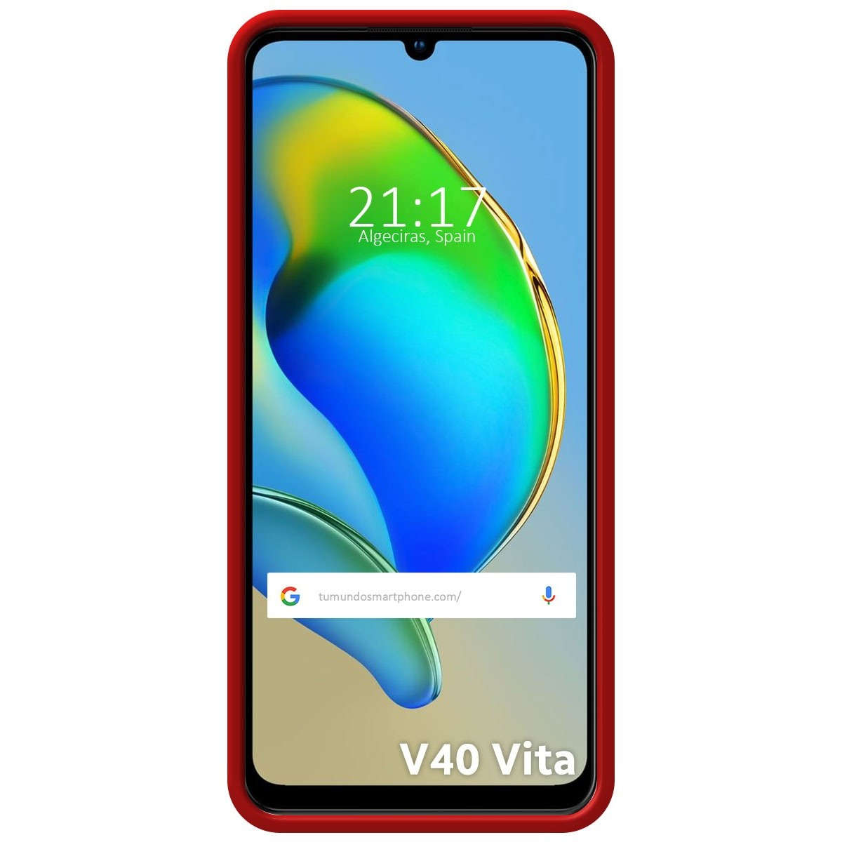 Telefono in custodia rossa con schermo.