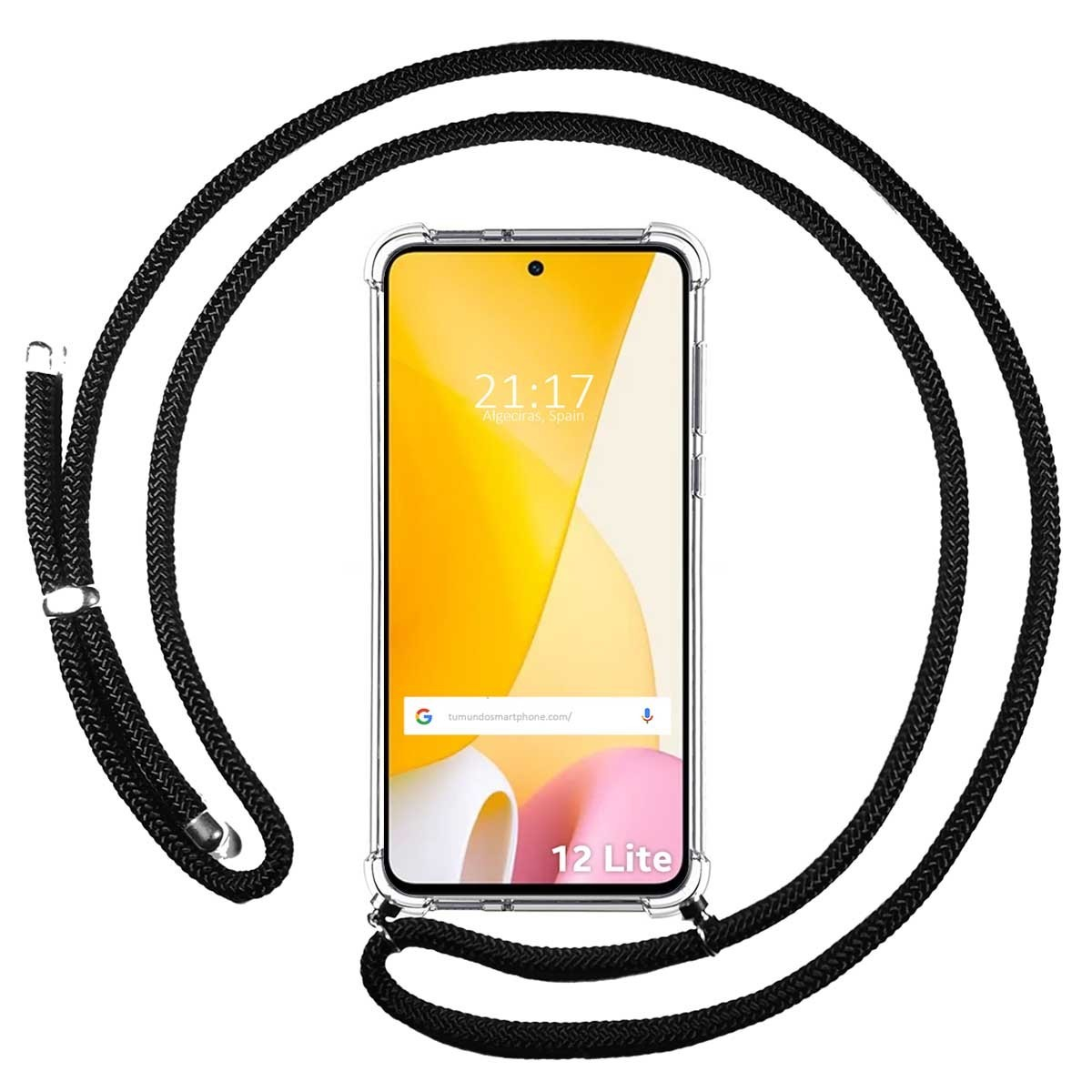 Telefono con cordino nero, custodia trasparente, che mostra lo schermo con ora, sito web e un elemento rosa.