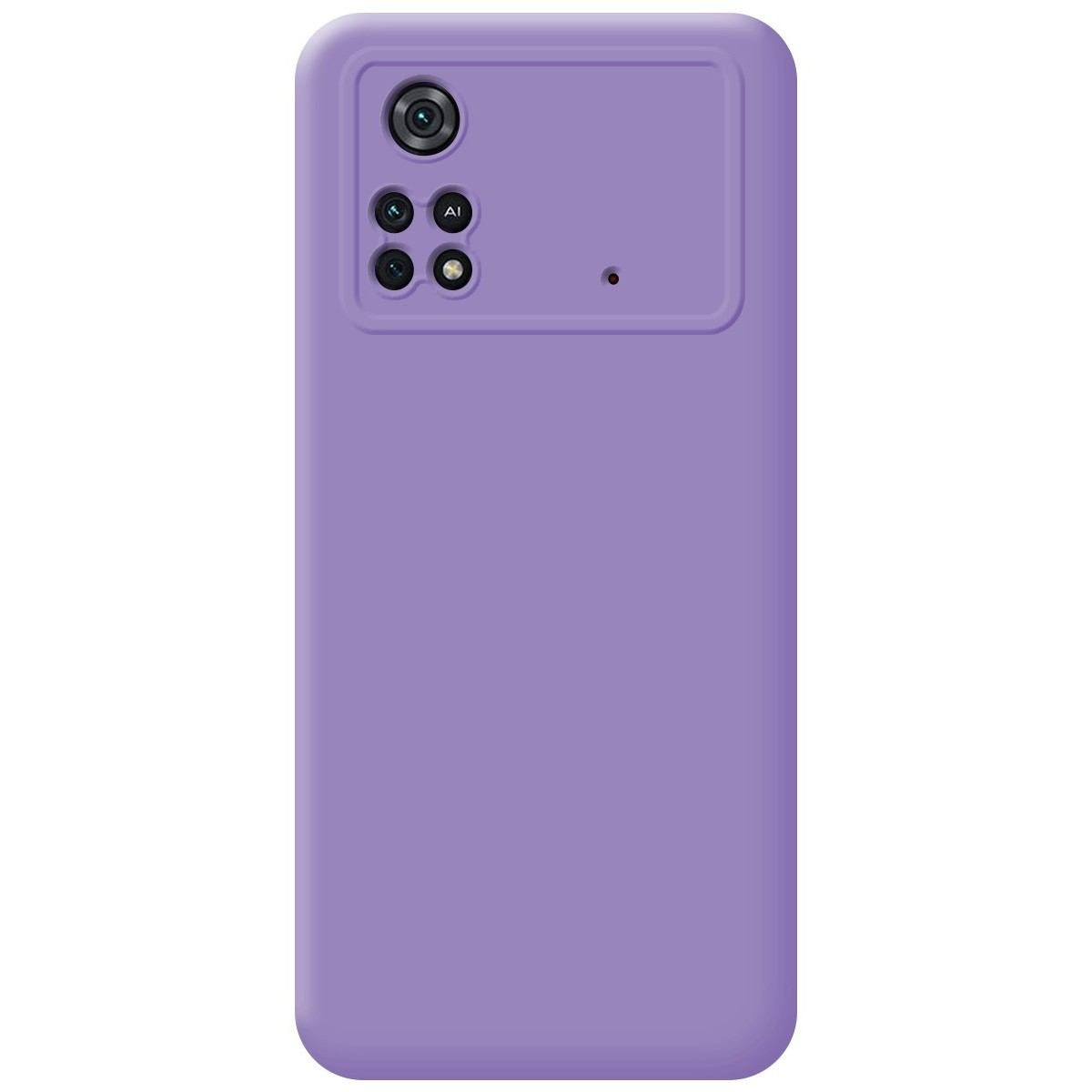 Una custodia per telefono viola con il modulo fotocamera sul retro e un telefono con schermo vuoto.