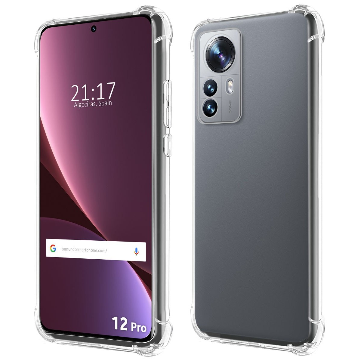 La custodia del telefono mostra il telefono da entrambi i lati. Un lato ha lo schermo del telefono acceso.