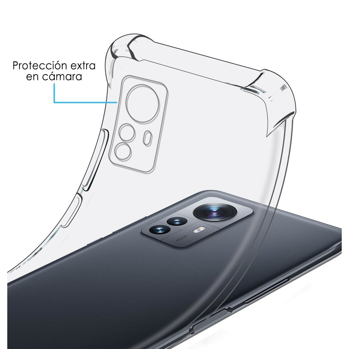 Custodia trasparente su un telefono nero. Il testo indica protezione extra per la fotocamera.