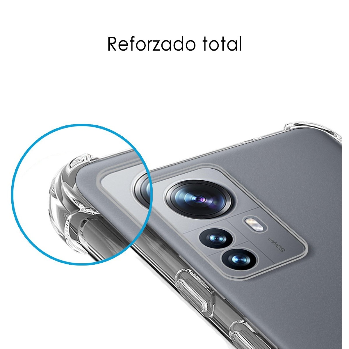 Custodia per telefono con testo 'Reforzado total' e primo piano della fotocamera del telefono.