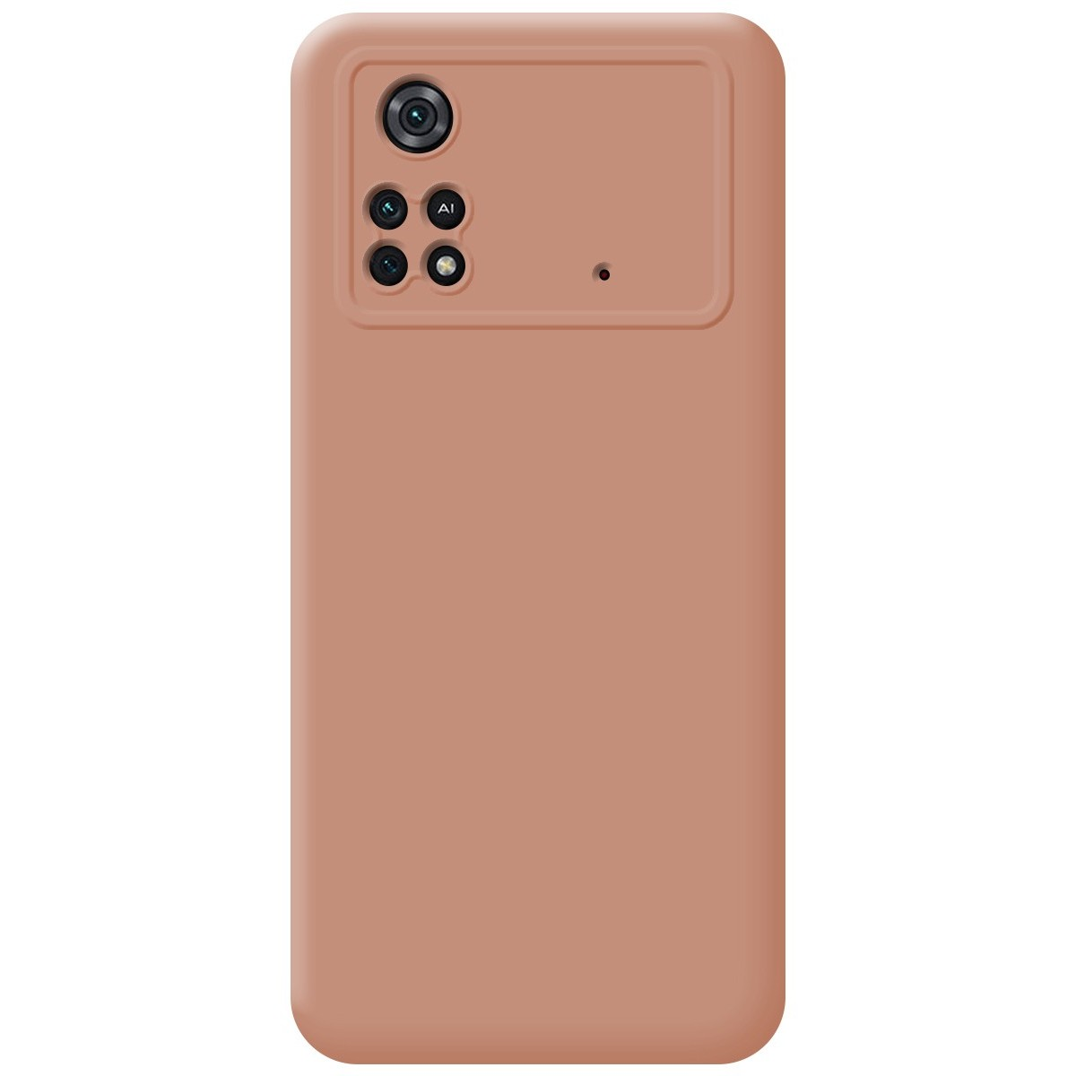 Una custodia per telefono marrone chiaro, semplice e solida, con una configurazione della fotocamera.