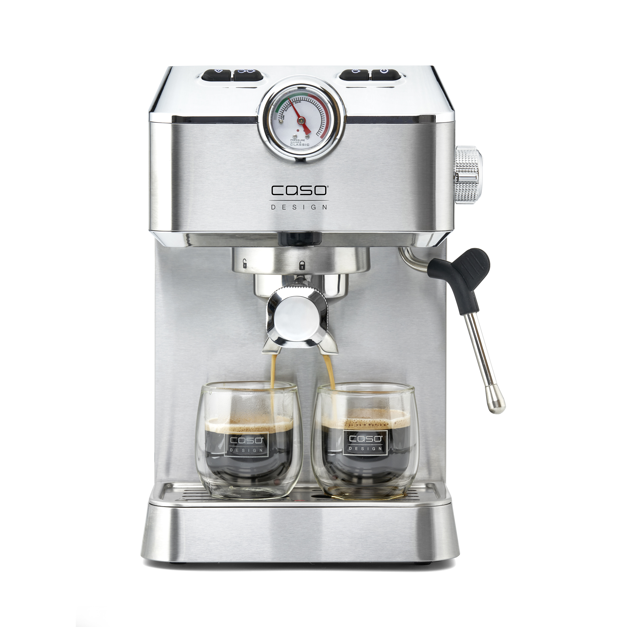 Espressomaschine aus Edelstahl. Zwei Gläser befinden sich unter den Düsen, in die Espresso fließt.